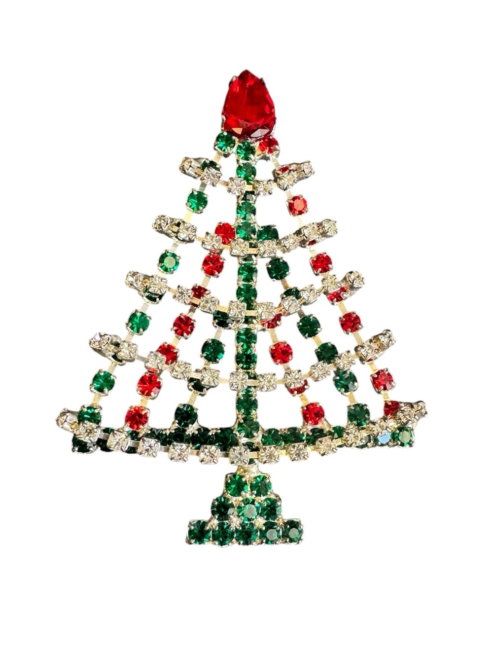 Vintage Christmas Tree Brooch Red Green Rhinestone Festive Holiday Pin 60s Retro